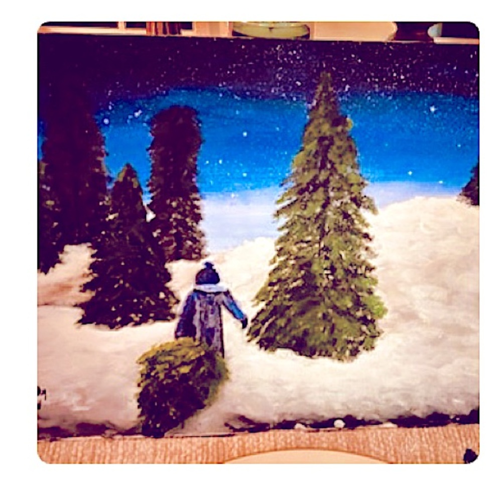 Original acrylic art of Boy getting the Christmas tree.  by Quirkygirl